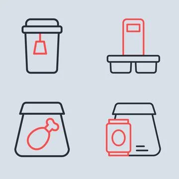 Set line Coffee cup to go, Online ordering meal, food and Cup tea icon. Vecto Ilustración de archivo