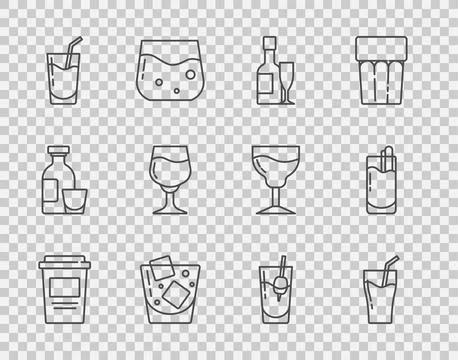 Set line Coffee cup to go, Glass juice, Champagne bottle and glass, whiskey.. Ilustração Stock