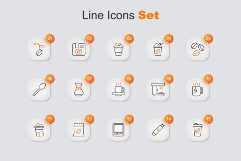 Set line Coffee cup to go, Sugar stick packets, Electronic coffee scales, B.. Ilustración de archivo