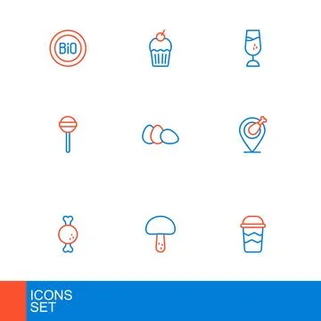 Set line Coffee cup to go, Mushroom, Chicken leg, Lollipop, egg, Wine glass.. Stock Illustration