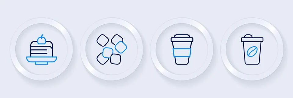Set line Coffee cup to go, Sugar cubes and Piece cake icon. Vector Stock Illustration
