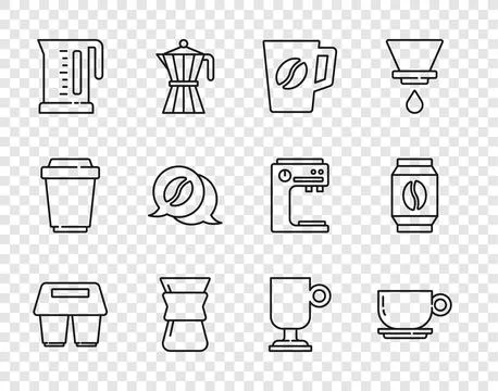 Set line Coffee cup to go, Pour over coffee maker, Electric kettle, and con.. Ilustración de archivo