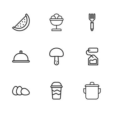 Set line Coffee cup to go, Tea bag, Cooking pot, Mushroom, Fork, Watermelon.. Stock Illustration