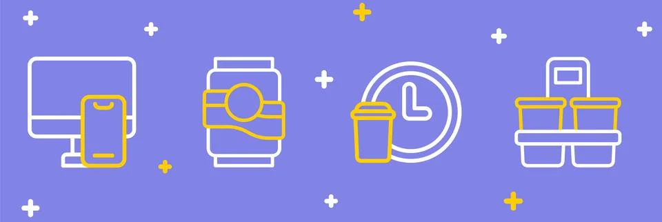 Set line Coffee cup to go, Round the clock delivery, Soda can and Online or.. Stock Illustration