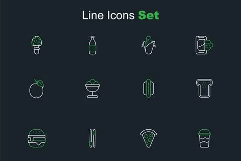Set line Coffee cup to go, Slice pizza, Food chopsticks, Burger, Bread toas.. Illustrazione stock