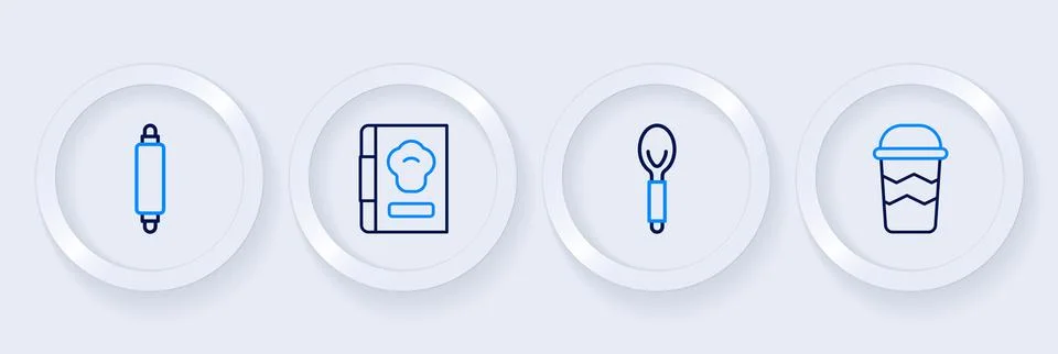 Set line Coffee cup to go, Spoon, Cookbook and Rolling pin icon. Vector 库存插图