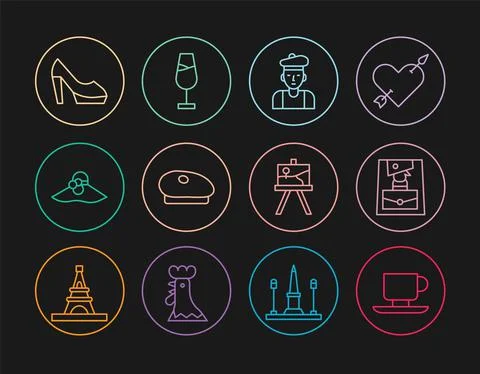 Set line Coffee cup, Handbag, French man, beret, Elegant women hat, Woman shoe 스톡 일러스트