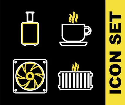 Set line Coffee cup, Heating radiator, Computer cooler and Travel suitcase ic Stock Illustration