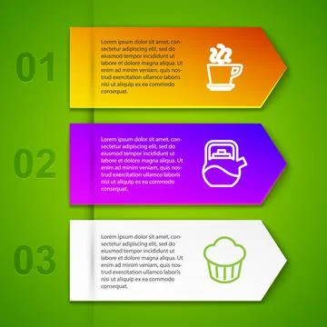 Set line Coffee cup, Kettle with handle and Cupcake. Business infographic tem Illustration
