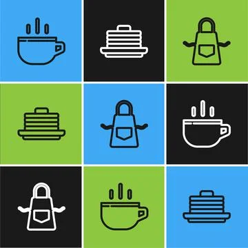 Set line Coffee cup, Kitchen apron and Stack pancakes icon. Vector Stock Illustration