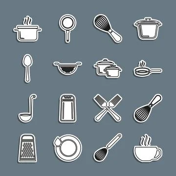 Set line Coffee cup, Kitchen whisk, Frying pan, colander, Spoon, Cooking po.. Illustration