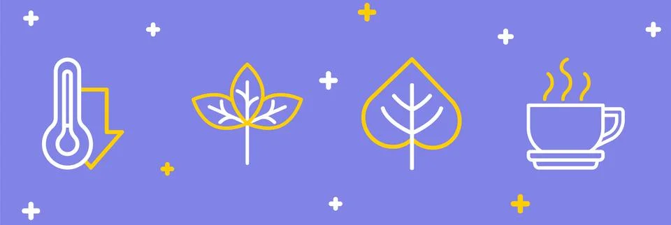 Set line Coffee cup, Leaf, Winter hat and Thermometer icon. Vector Stock Illustration