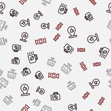 Set line Coffee cup, Location with coffee, Cake and Candy on seamless pattern Stock Illustration