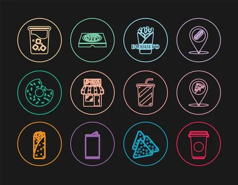 Set line Coffee cup, Location with slice pizza, Burrito, Pizzeria building Ilustración de archivo