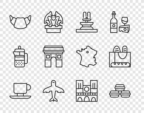 Set line Coffee cup, Macaron cookie, Fountain, Plane, Croissant, Triumphal Arch Stock Illustration