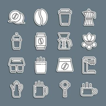 Set line Coffee cup, machine, bean, branch, to go, Bag coffee beans, and Ilustración de archivo