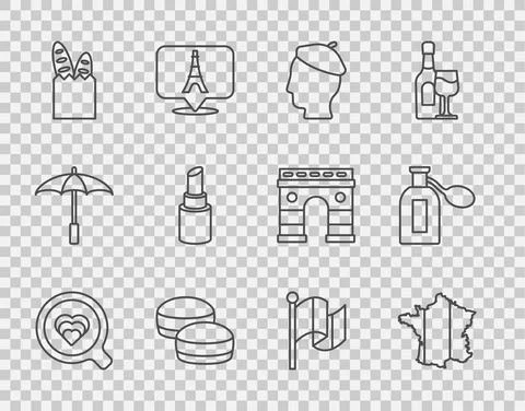 Set line Coffee cup, Map France, French man, Macaron cookie, baguette bread Stock Illustration