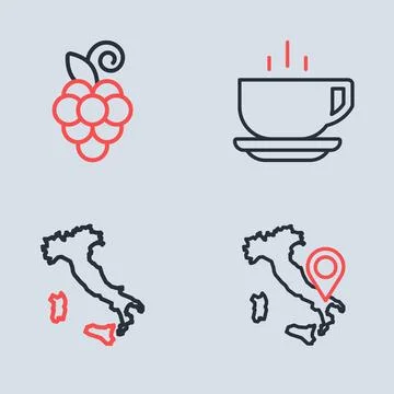 Set line Coffee cup, Map Italy,  and Grape fruit icon. Vector Stock Illustration