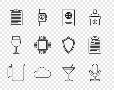 Set line Coffee cup, Microphone, Passport, Cloud, Clipboard with document, .. Stock Illustration