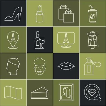 Set line Coffee cup, Perfume, Scooter, Paper shopping bag, Wine bottle with Stock Illustration