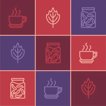 Set line Coffee cup, Pickled cucumbers in a jar and Leaf icon. Vector Stock Illustration