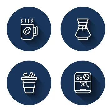 Set line Coffee cup, Pour over coffee maker, to go and machine with long shadow Ilustração Stock
