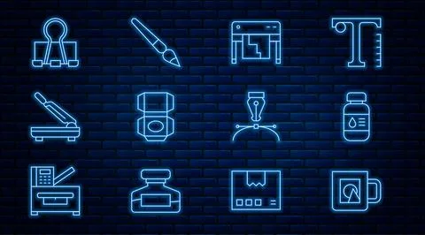 Set line Coffee cup, Printer ink bottle, Plotter, Carton cardboard box, Paper Ilustración de archivo