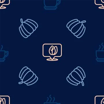 Set line Coffee cup, Pumpkin and Location with leaf on seamless pattern. Vector 스톡 일러스트
