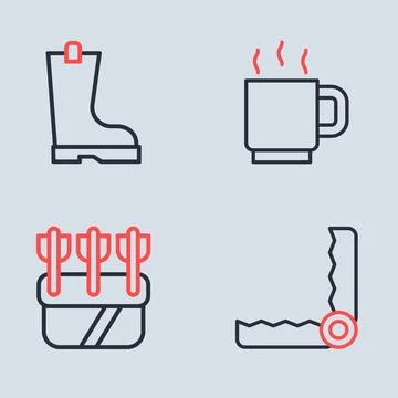 Set line Coffee cup, Quiver with arrows, Trap hunting and Waterproof rubber.. Stock Illustration