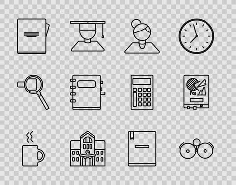 Set line Coffee cup, Ringing alarm bell, Teacher, School building, Notebook, and Ilustración de archivo