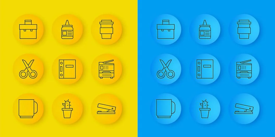 Set line Coffee cup, Scissors, Office folders, stapler, Printer, Briefcase, t Stock Illustration