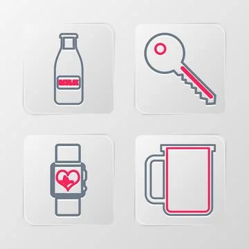 Set line Coffee cup, Smart watch heart beat rate, Key and Glass bottle milk.. Stock Illustration