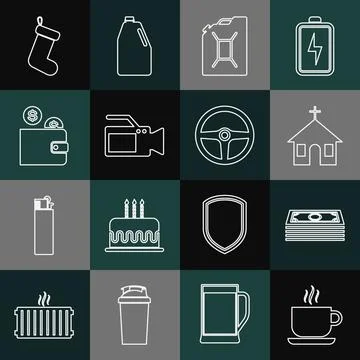 Set line Coffee cup, Stacks paper money cash, Church building, Canister for Illustrazione stock