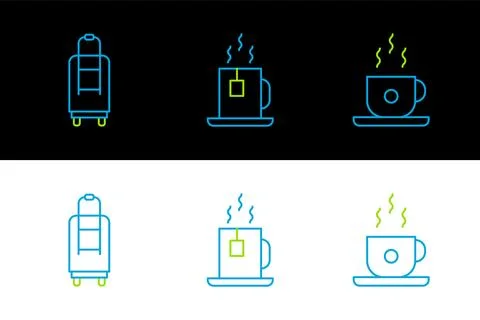 Set line Coffee cup, Suitcase and Cup tea with tea bag icon. Vector Stock Illustration
