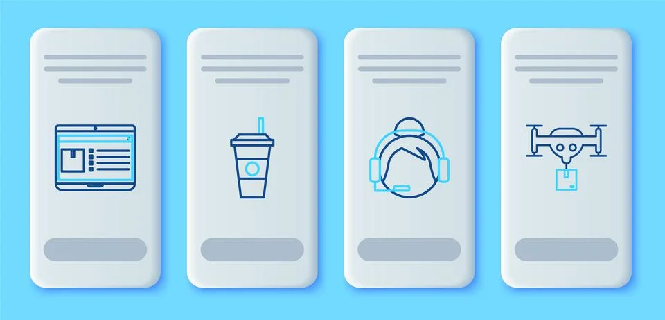 Set line Coffee cup, Support operator in touch, Laptop with app delivery Stock Illustration