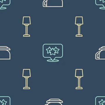 Set line Coffee cup, Table lamp and Stars rating on seamless pattern. Vector Illustrazione stock