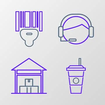 Set line Coffee cup, Warehouse, Support operator in touch and Scanner scannin Illustrazione stock