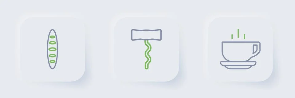 Set line Coffee cup, Wine corkscrew and French baguette bread icon. Vector Stock Illustration