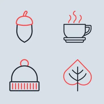 Set line Coffee cup, Winter hat, Leaf and Acorn icon. Vector イラスト素材