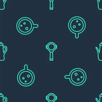 Set line Coffee filter holder, cup and Teapot on seamless pattern. Vector Stock Illustration