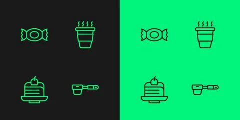 Set line Coffee filter holder, Piece cake, Candy and cup to go icon. Vector Stock Illustration