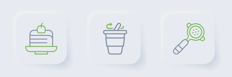 Set line Coffee filter holder, cup to go and Piece cake icon. Vector Stock Illustration