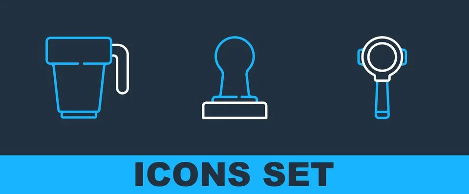 Set line Coffee filter holder, cup and tamper icon. Vector Stock Illustration