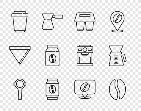 Set line Coffee filter holder, beans, cup to go, Bag coffee, Location with .. Ilustración de archivo