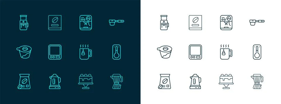 Set line Coffee filter holder, Electric kettle, Cup tea with bag, Cake, Ele.. Stock Illustration