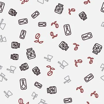Set line Coffee jar bottle, thermometer, turk and beans on seamless pattern 库存插图