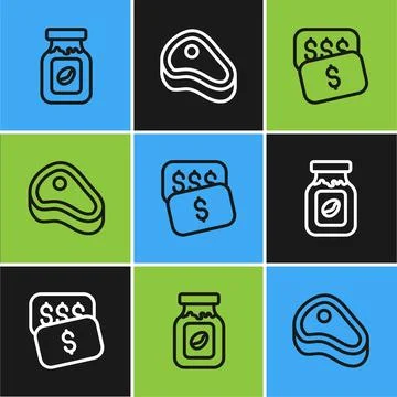 Set line Coffee jar bottle, New price tag dollar and Steak meat icon. Vector Stock Illustration