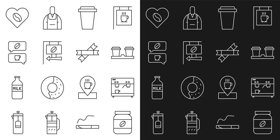 Set line Coffee jar bottle, machine, cup to go, Street signboard coffee, an.. Stock Illustration