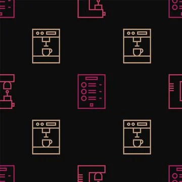 Set line Coffee machine, and menu on seamless pattern. Vector Illustrazione stock