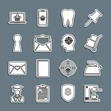 Set line Coffee machine and cup, Kettle with handle, Hand truck boxes, Tooth, Illustration